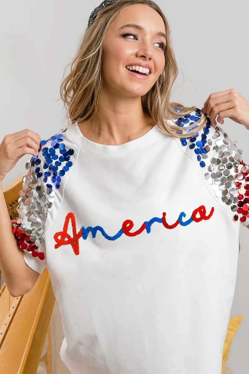 BiBi America Letter Applique Spangle Puff Sleeves Top OutfitFlow