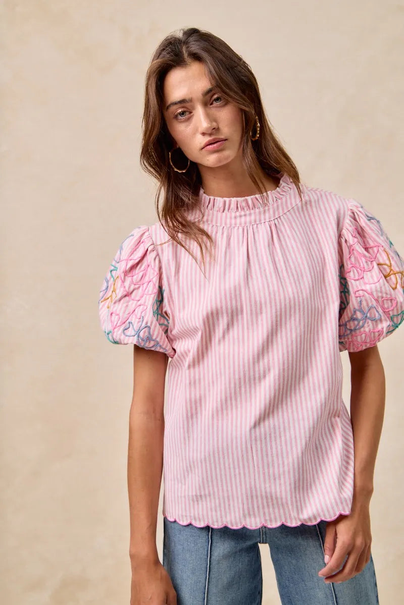 BiBi Embroidery Bubble Sleeve Top With Bottom Scallop Detail OutfitFlow