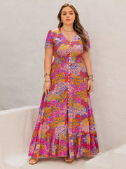 Plus Size Printed V-Neck Short Sleeve Maxi Dress OutfitFlow