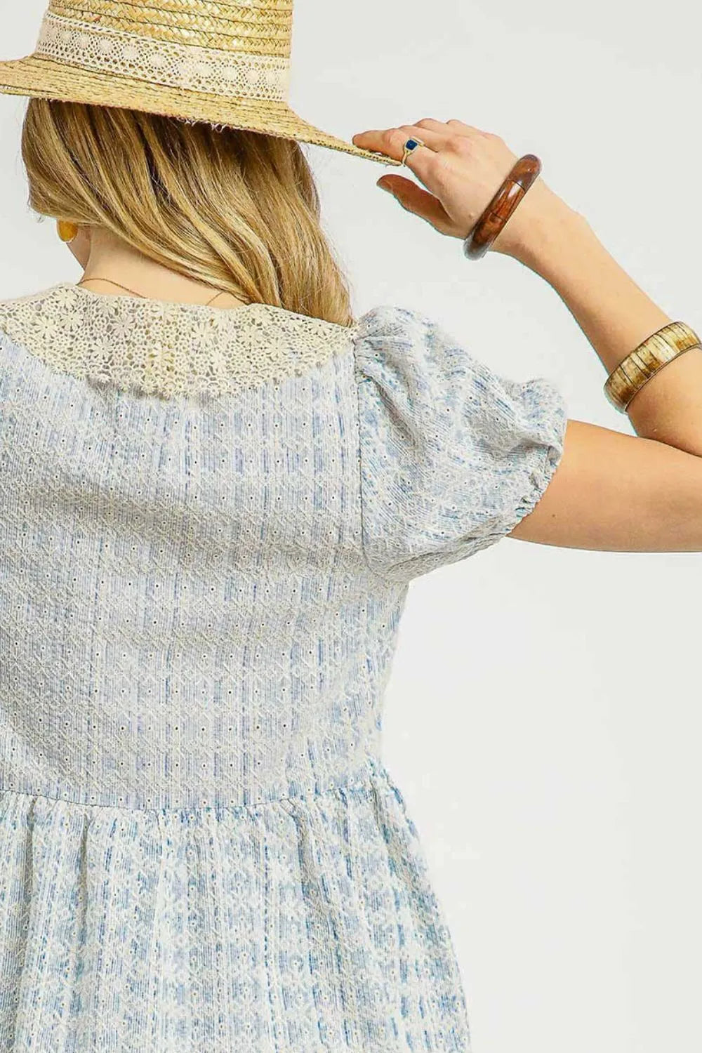 Umgee Lace Detail Short Puff Sleeve Mini Dress OutfitFlow