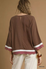 Umgee Scalloped Hem Color Block Top OutfitFlow