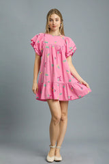 Umgee Floral Embroidered Short Sleeve Mini Dress Pink OutfitFlow