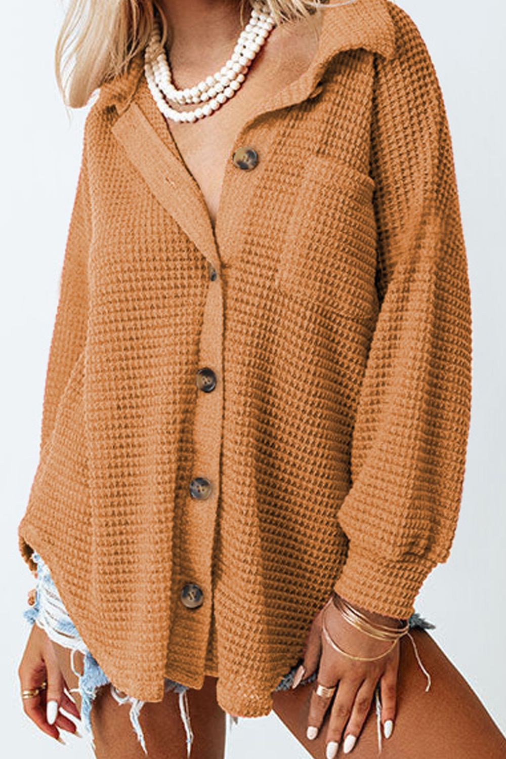 Outfit Flow - Waffle-Knit Collared Neck Long Sleeve Shirt