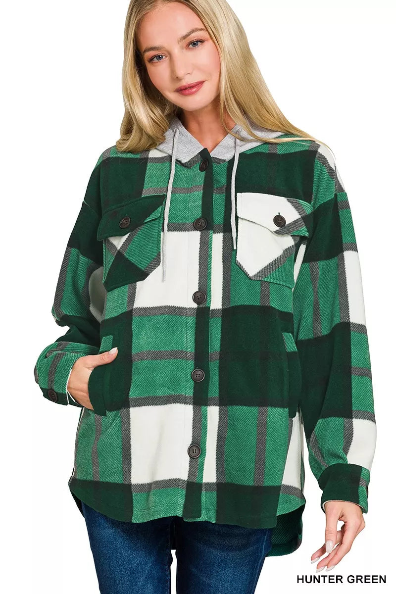 Zenana Plaid Drawstring Hooded Fleece Shacket HUNTER GREEN OutfitFlow