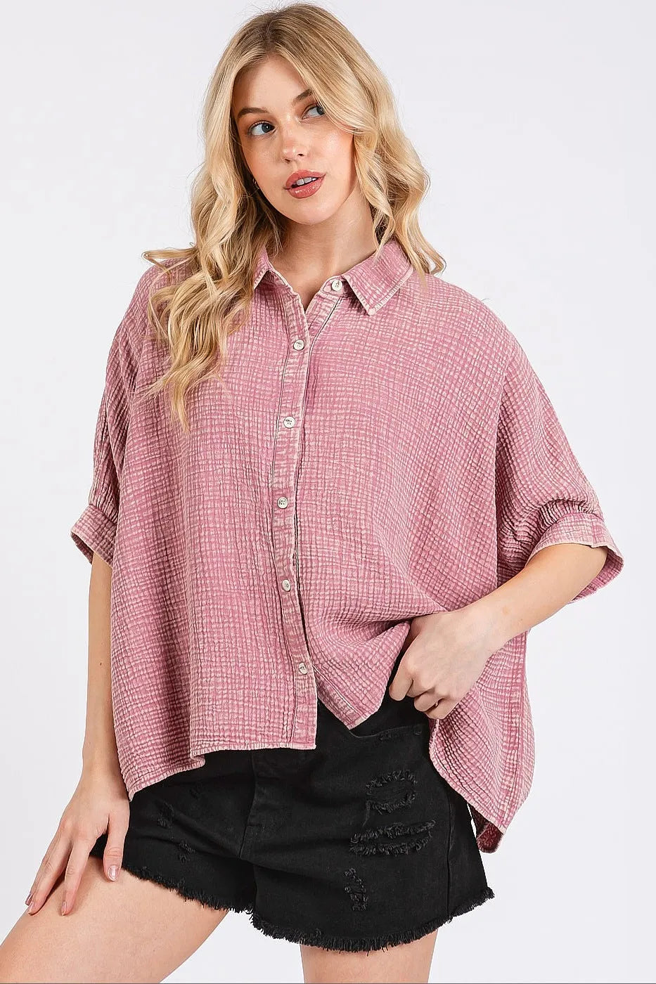 Mittoshop Mineral Wash Gauze Dolman Sleeve Button Down Shirt OutfitFlow