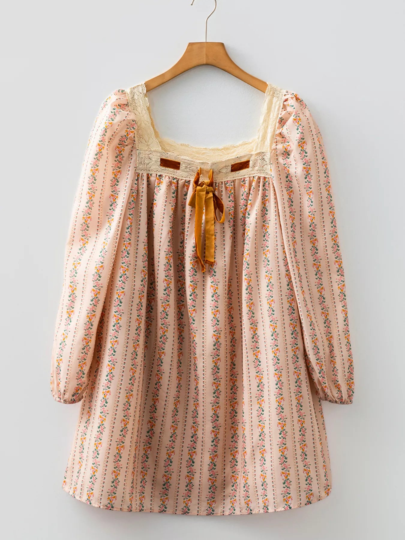 Floral Print Bow Lace Patchwork Long Sleeve Loose Mini Dress Trendsi