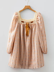 Floral Print Bow Lace Patchwork Long Sleeve Loose Mini Dress Trendsi