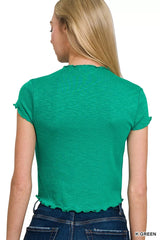 Zenana Cotton Modal Slub Lettuce Trimmed Cropped T-Shirt OutfitFlow