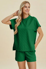 Double Take Full Size Texture Round Neck Short Sleeve Top and Shorts Set OutfitFlow