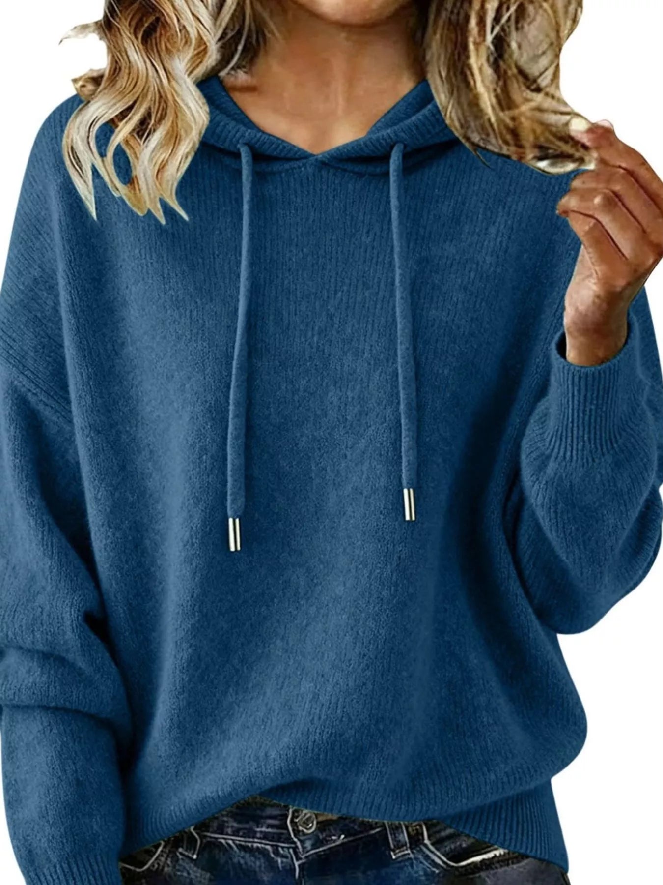 Drawstring Long Sleeve Hooded Sweater Dark Blue Trendsi