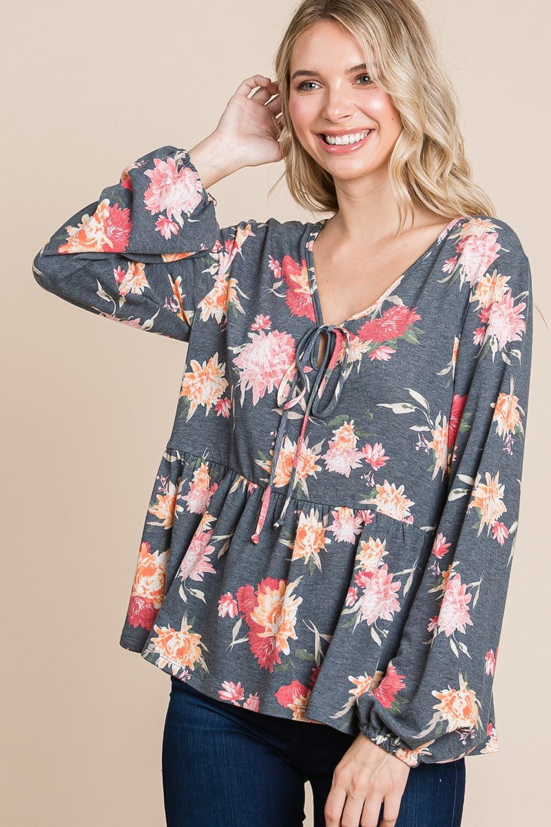 Outfit Flow - Super Lady Full Size Babydoll Floral Long Sleeve Blouse