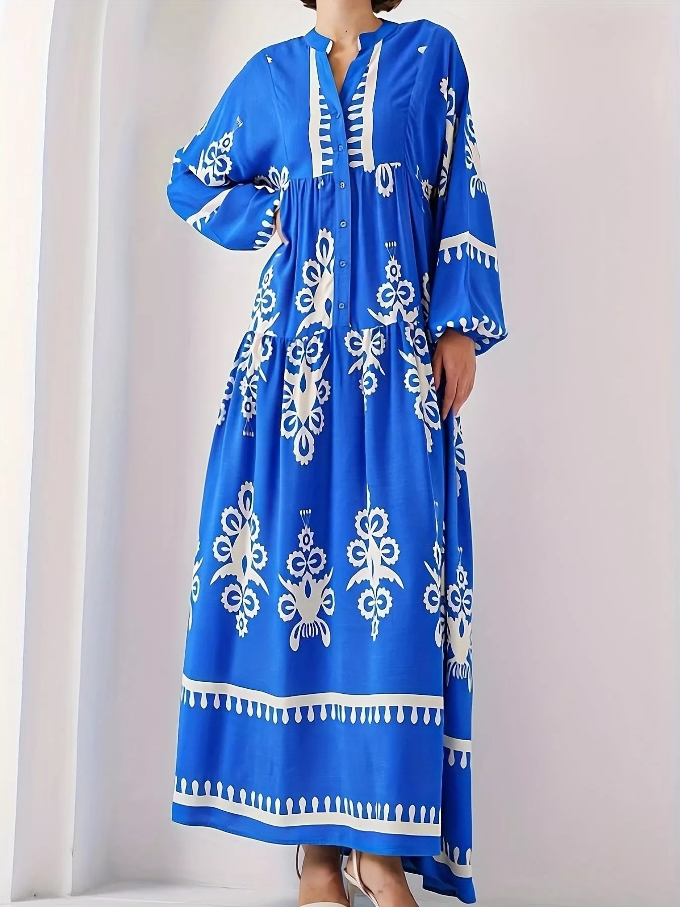 Bohemian Print Long Sleeve Maxi Dress Blue OutfitFlow