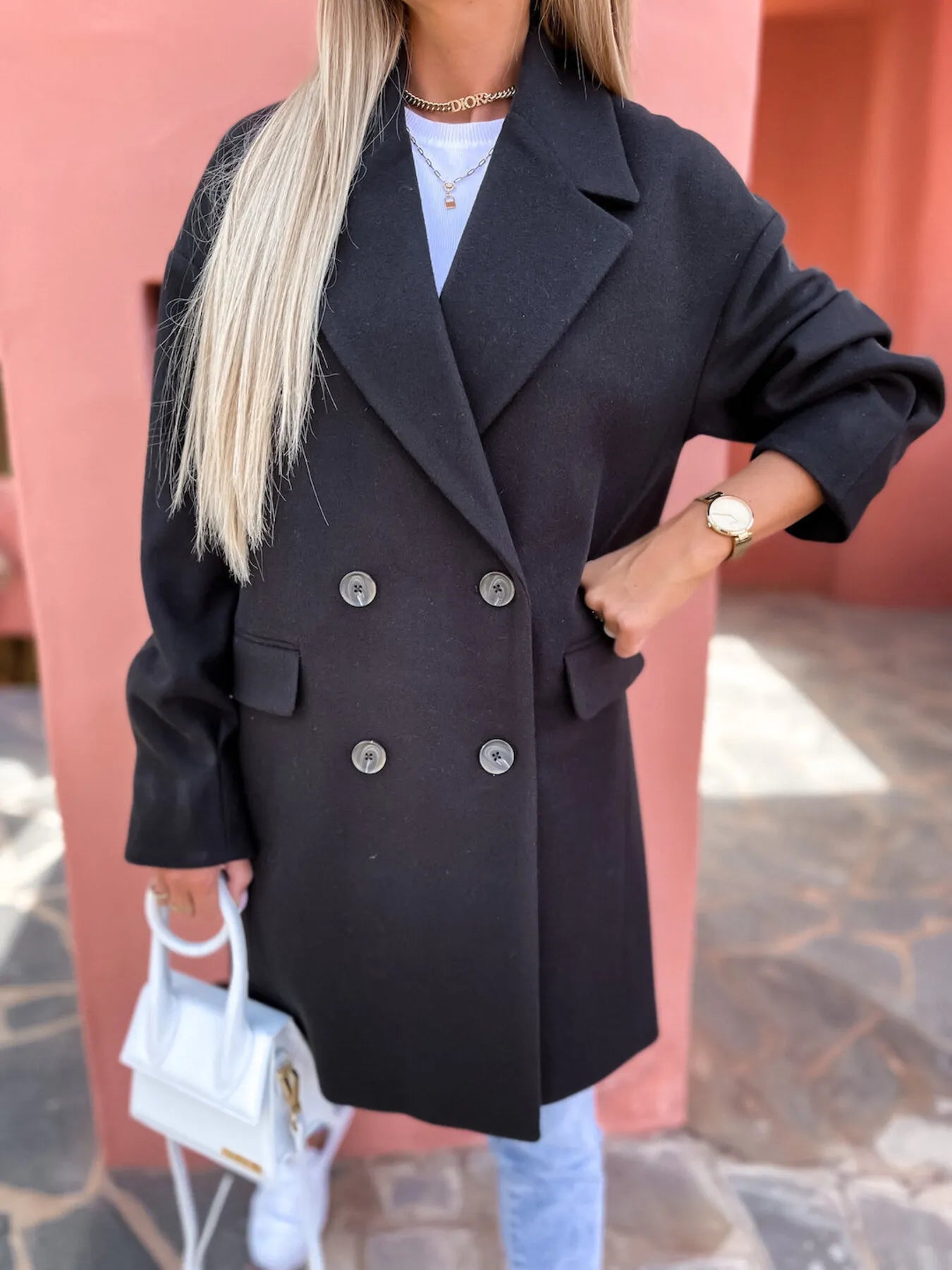 Full Size Double-Breasted Wool Coat Plus Size Trendsi
