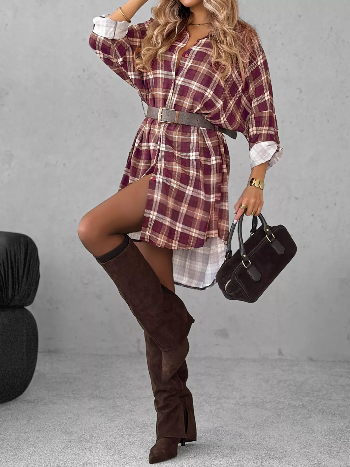 Plus Size Plaid Long Sleeve Mini Shirt Dress OutfitFlow