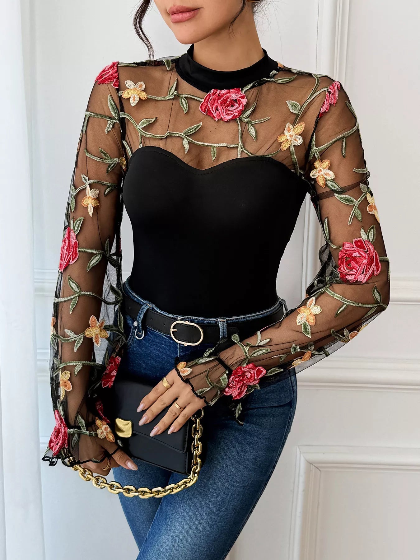 Floral Embroidered Mesh Long Sleeve Bodysuit OutfitFlow