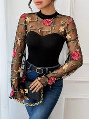 Floral Embroidered Mesh Long Sleeve Bodysuit OutfitFlow