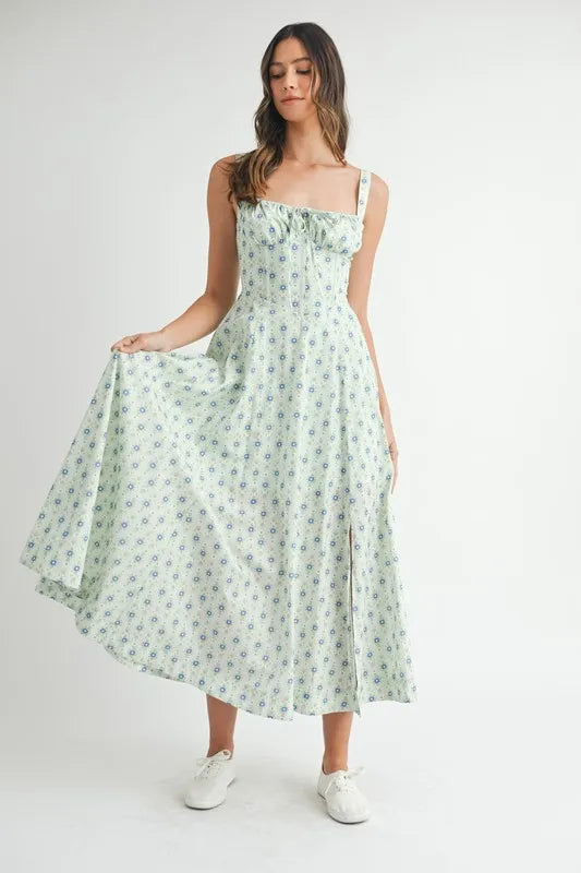 MABLE Floral Print Bustier Back Lace Up Midi Dress OutfitFlow