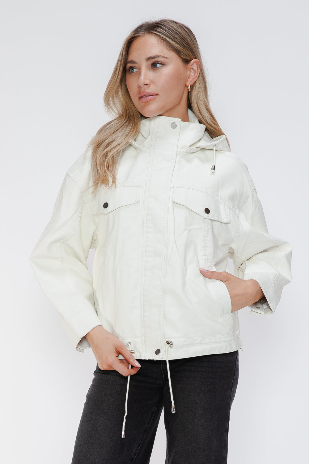 Outfit Flow - How Dare U Drawstring Hem PU Leather Zip Up Jacket