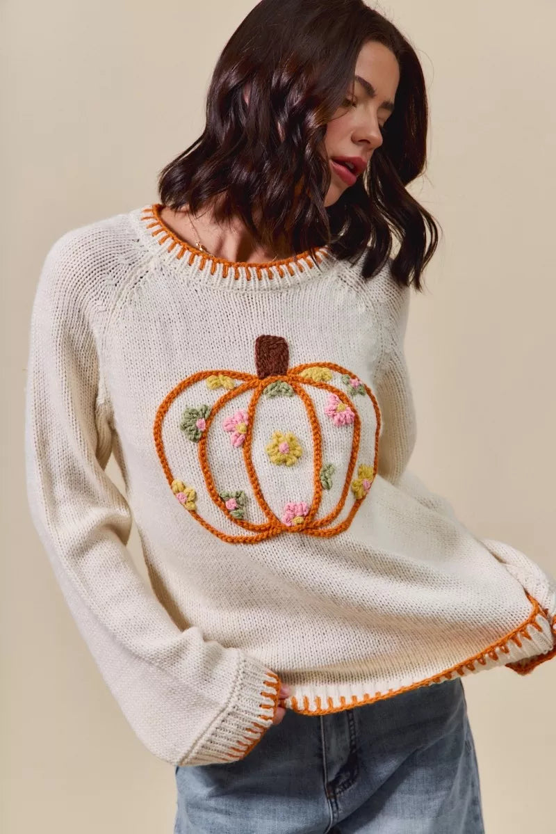 SO ME Pumpkin Floral Embroidered Thanksgiving Sweater OutfitFlow