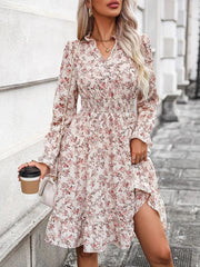 Ruffle Hem Floral Surplice Long Sleeve Dress