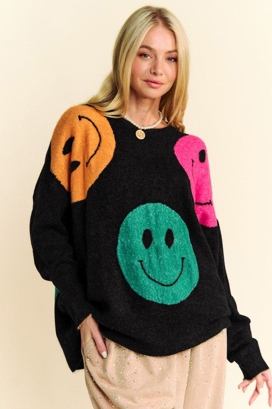 Outfit Flow - Davi & Dani Contrast Smile Round Neck Oversize Sweater