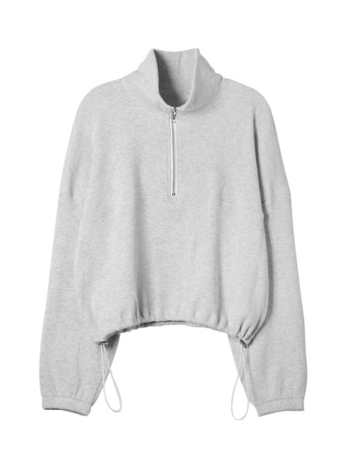 Outfit Flow - Waffle Knit Drawstring Half Zip Long Sleeve Sweatshirt