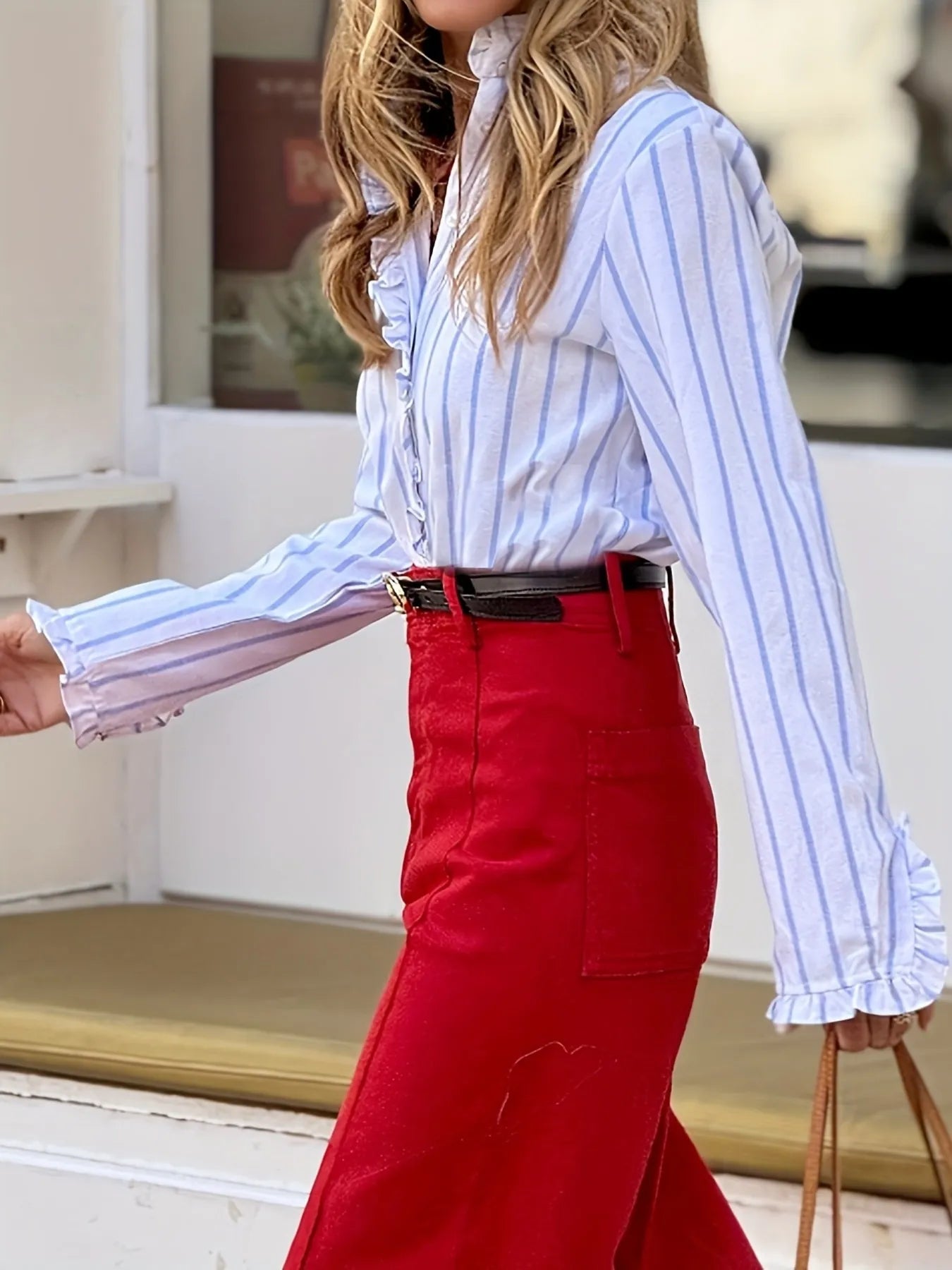 Frill Striped Long Sleeve Blouse OutfitFlow