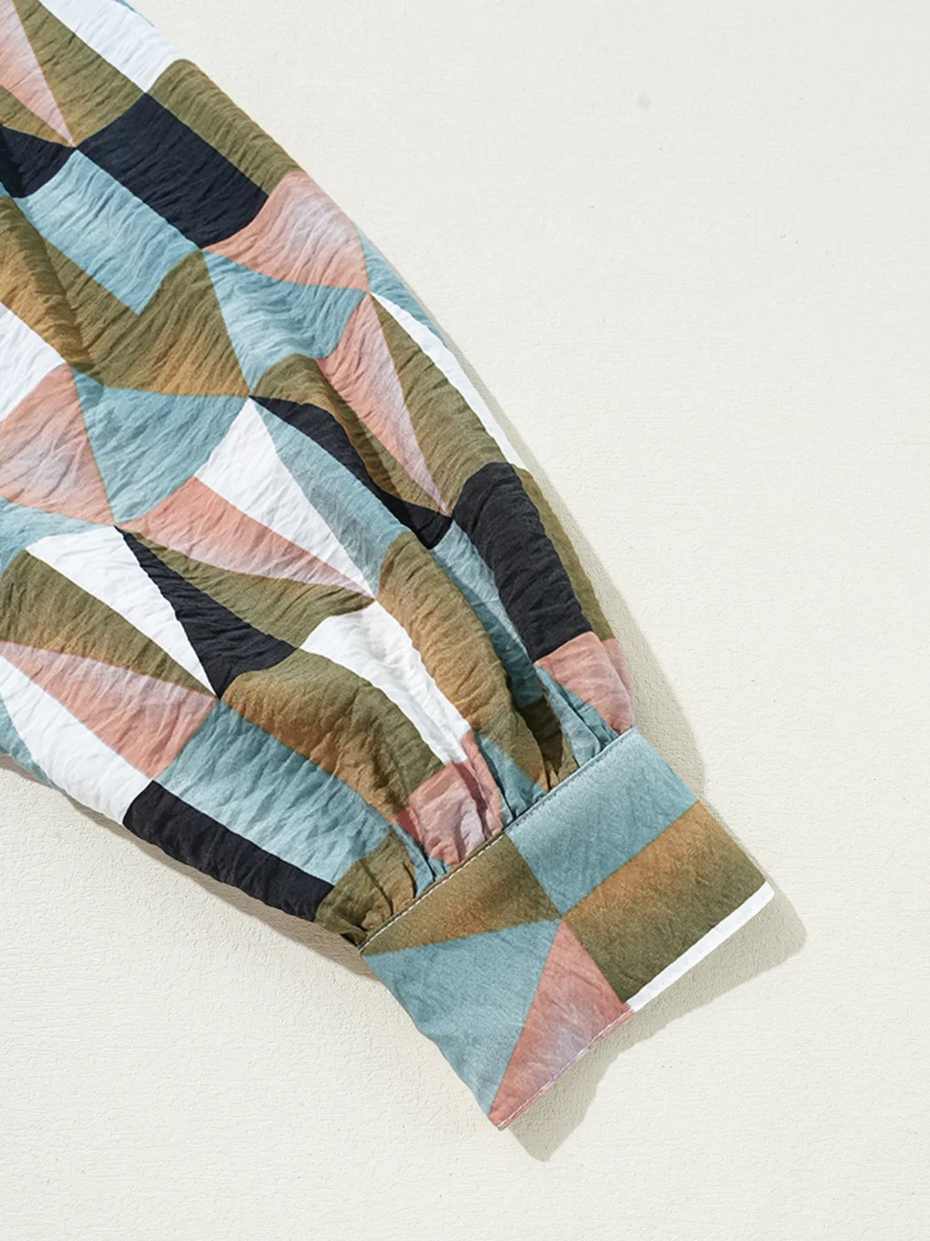 Geometric Print Buttoned Balloon Sleeve Loose Fit Shirt OutfitFlow