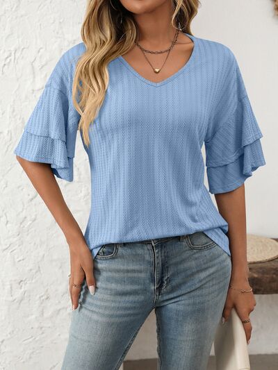 Mandy V-Neck Ruffle Half Sleeve Top Light Blue OutfitFlow
