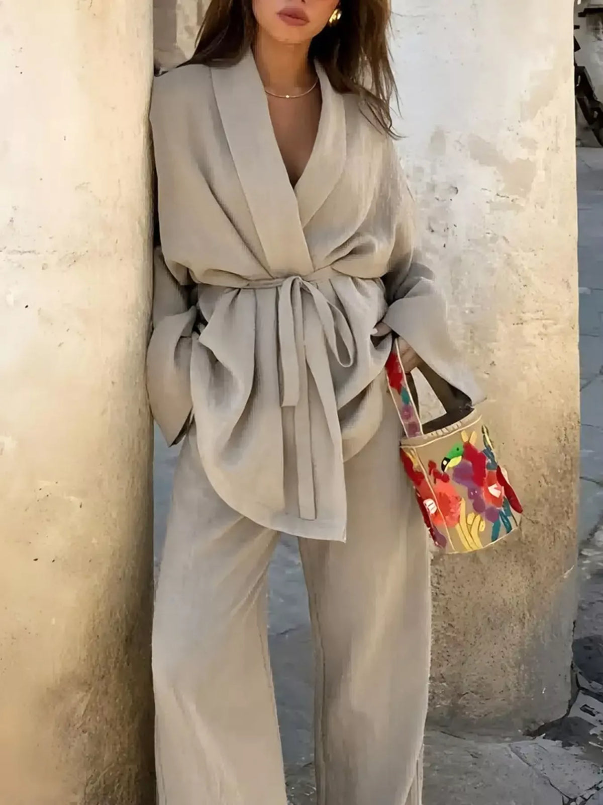 Plus Size Belt Long Sleeve Blazer and Pants Set Dust Storm OutfitFlow