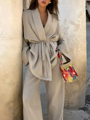 Plus Size Belt Long Sleeve Blazer and Pants Set Dust Storm OutfitFlow