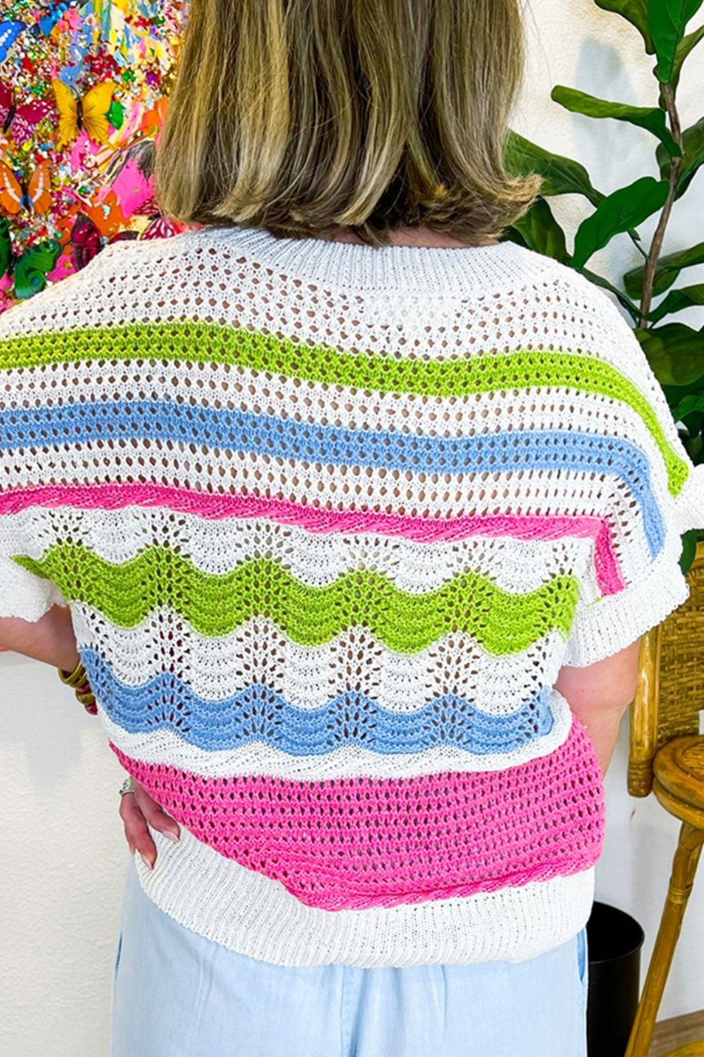 Color Block Crochet Ruffled Short Sleeve Knit Top OutfitFlow
