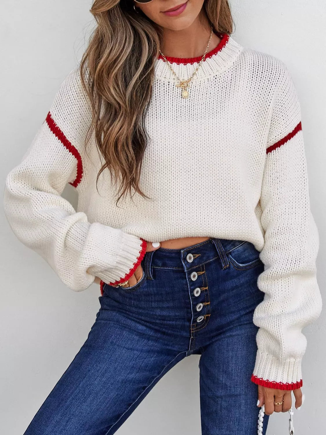 Contrast Trim Round Neck Sweater OutfitFlow