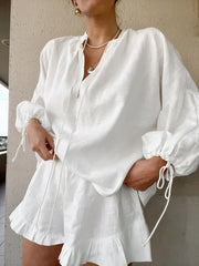 Tie Neck Balloon Sleeve Blouse and Shorts Set White OutfitFlow
