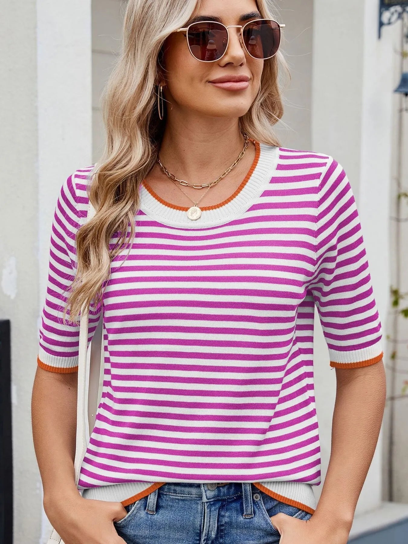 Striped Casual T-Shirt with Contrast Trim OutfitFlow