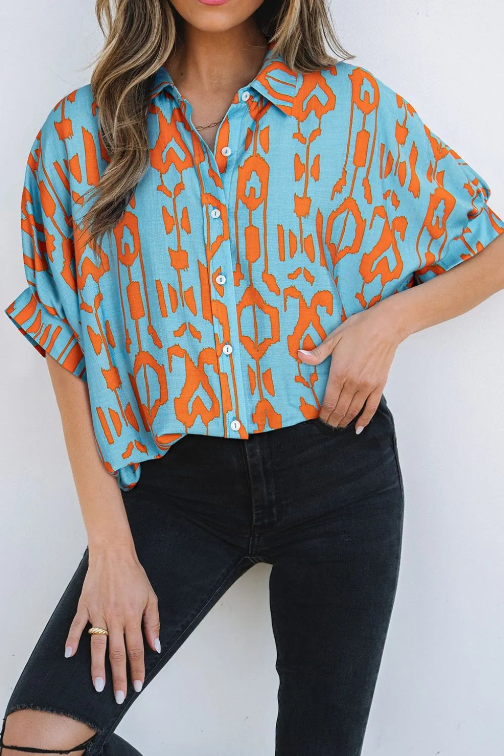 Abstract Print Dolman Short Sleeve Western Loose Shirt OutfitFlow