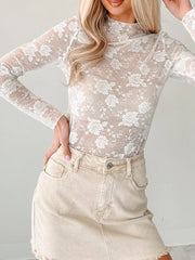 Sheer Floral Lace Mesh Mock Neck Long Sleeve Top OutfitFlow
