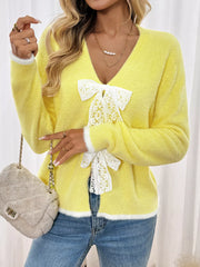 Lace Bow-Tie Front Long Sleeve Cardigan Trendsi