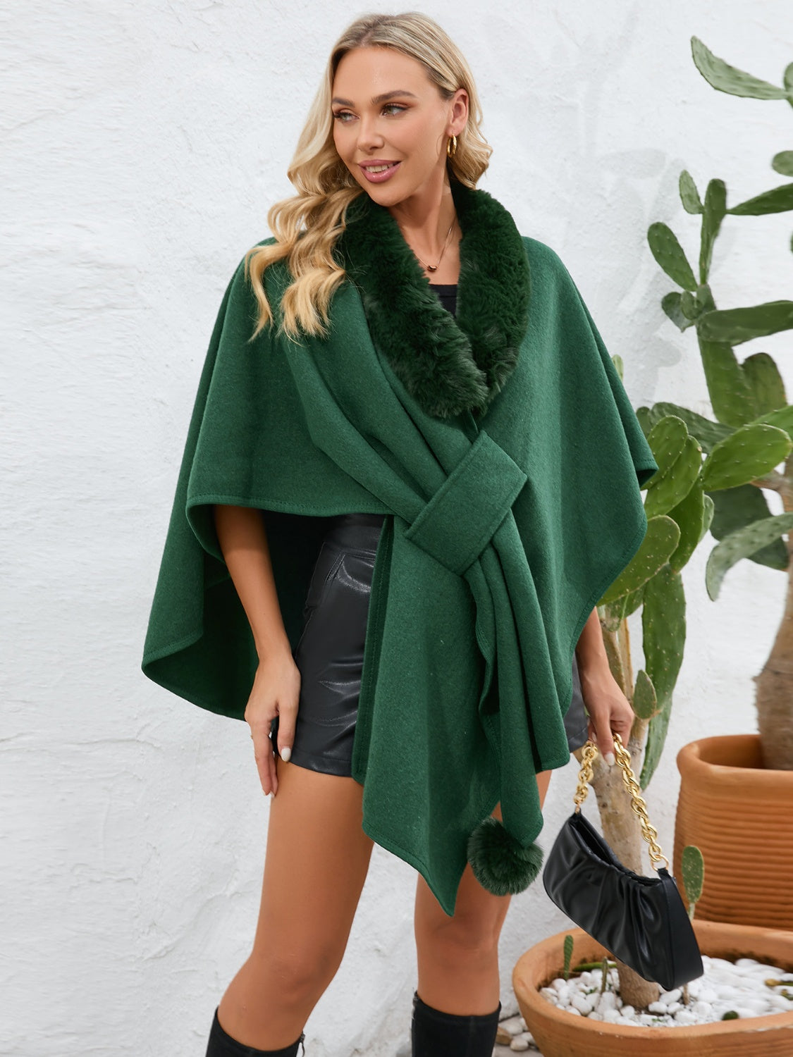 Outfit Flow - Fuzzy Trim Open Front Poncho