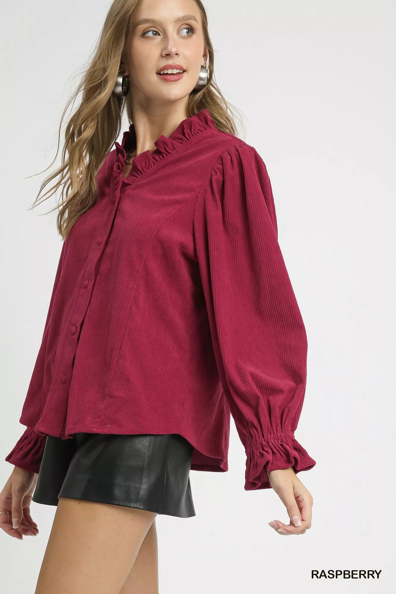 Umgee Corduroy Ruffle Shirt with Long Puff Sleeves OutfitFlow