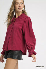 Umgee Corduroy Ruffle Shirt with Long Puff Sleeves OutfitFlow