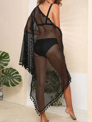 Tassel Openwork Open Front Cover-Up Black One Size OutfitFlow