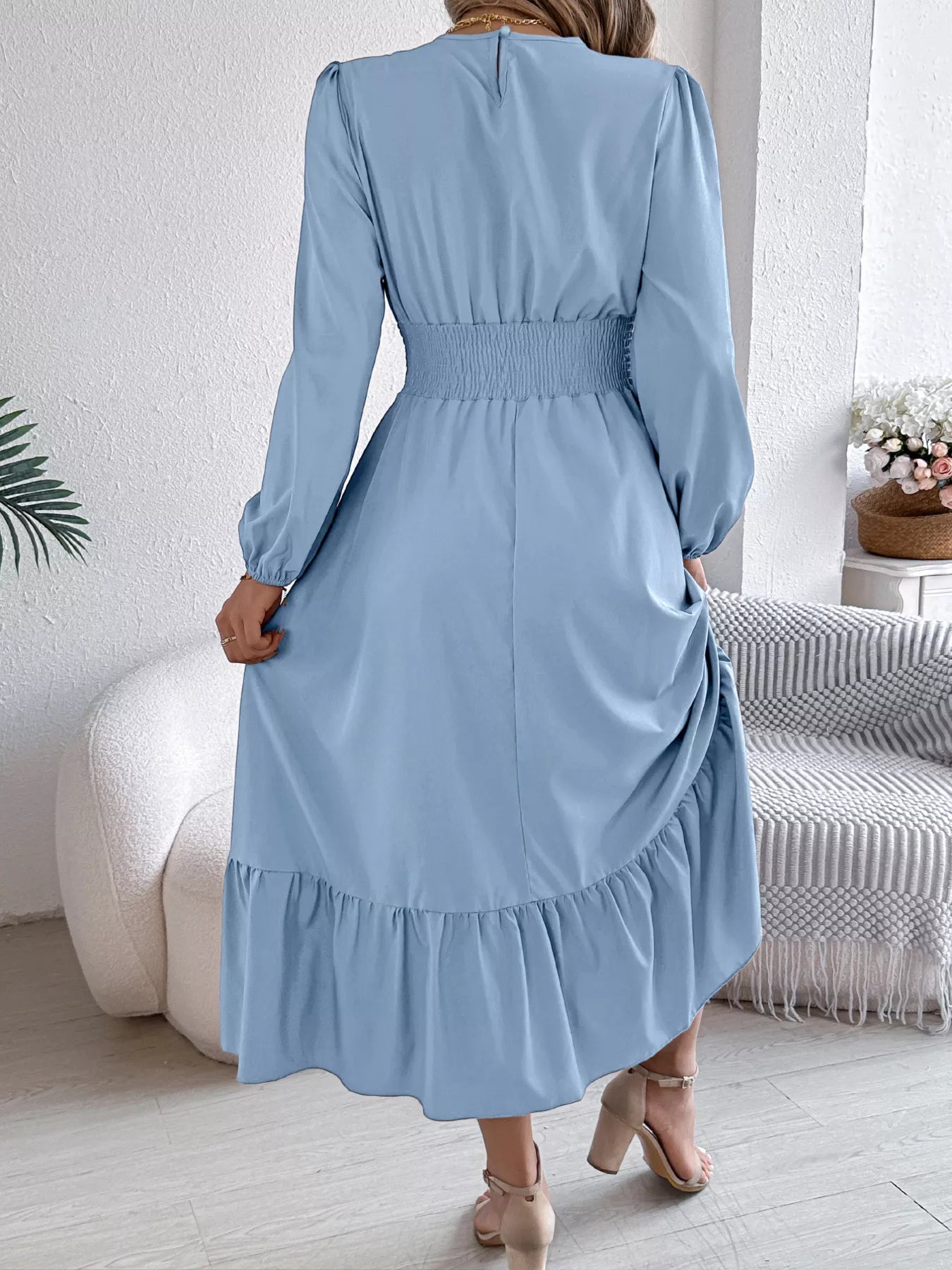 Round Neck Balloon Sleeve Tiered Dress OutfitFlow