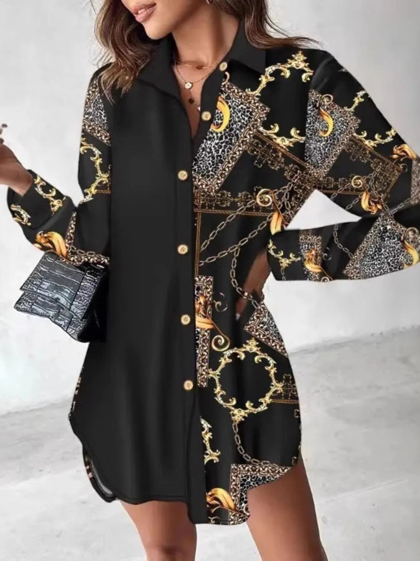 Printed Button Up Long Sleeve Shirt Dress Round OutfitFlow