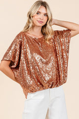 Mittoshop Sequin Short Sleeve Elastic Band Hem Top RUST OutfitFlow