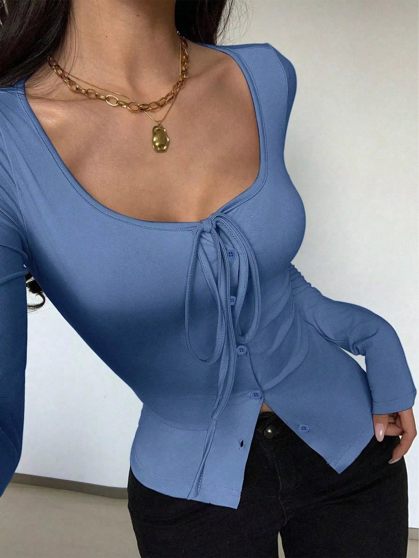 Long Sleeve Scoop Neck Tie Front T-Shirt OutfitFlow