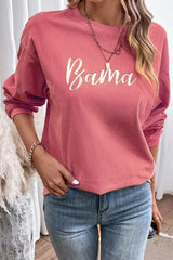 Corded Ribbed Bama Embroidered Letter Graphic Sweatshirt Trendsi