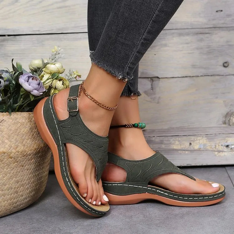 Toe Post Wedge Sandals Army Green OutfitFlow