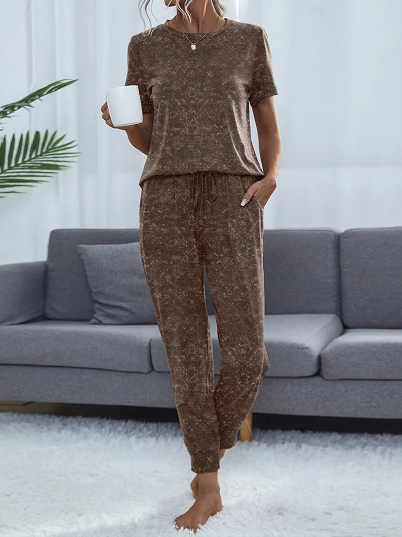 Round Neck Short Sleeve Top and Pants Lounge Set Coffee Brown OutfitFlow