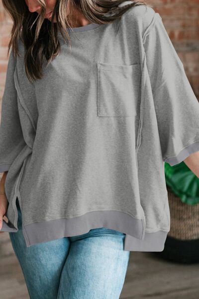 Exposed Seam Side Slit Round Neck Top Gray OutfitFlow